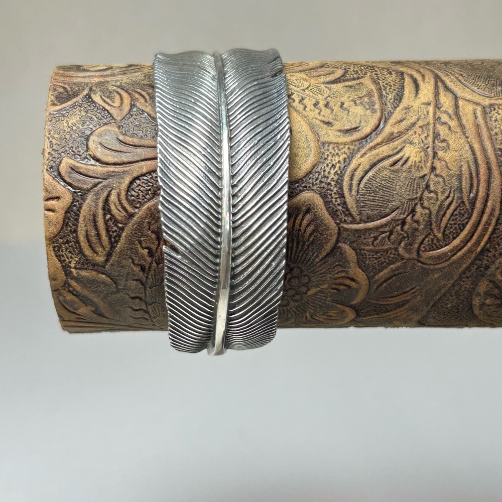 Solid Sterling Silver 925 Feather Cuff Bracelet S… - image 2